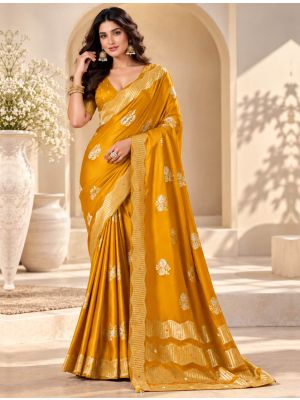 Golden Mustard Satin Saree With Floral Motifs & Ornate Border