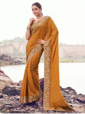 Golden Ochre Satin Silk Jacquard Embroidered Designer Saree