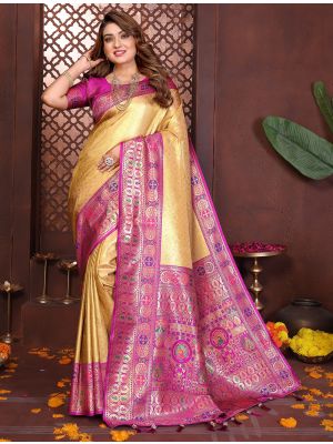 Golden Yellow Banarasi Silk Saree With Paithani Weaving