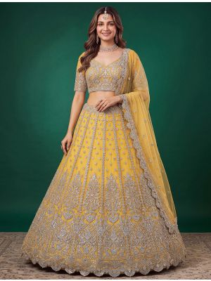 Golden Yellow Net Zari Embroidered Wedding Lehenga small FABLE20608