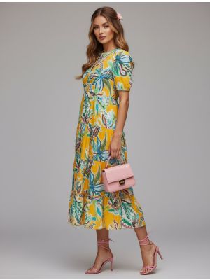 golden yellow rayon printed midi dress fabku21264