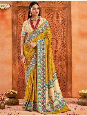 Golden Yellow Velvet Tussar Silk Saree With Paithani Pallu