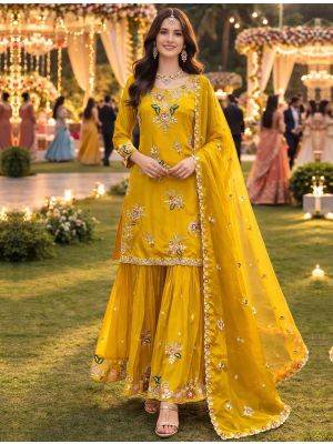Golden Yellow Viscose Crepe Premium Ready To Wear Pakistani Suit FABSL22458