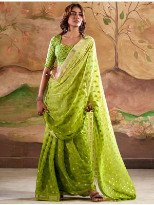 Green Banarasi Georgette Saree With Zari Woven Motifs