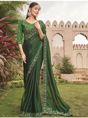 Green Blooming Shimmer Georgette Embroidered Saree