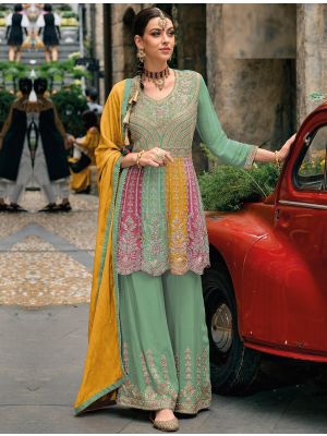 Green Chinon Semi Stitched Sharara Style Palazzo Suit small FABSL21714