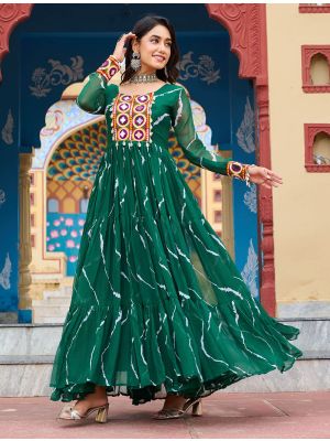 green georgette gown with leheriya print and kutchi patch work fabgo20388