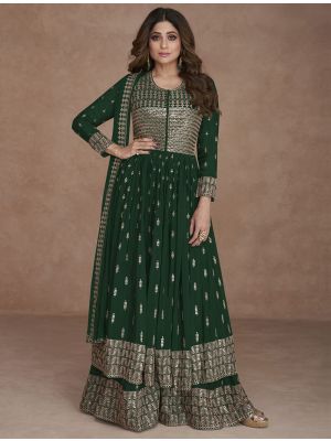 Green Georgette Semi Stitched Sequined Palazzo Suit small FABSL21628