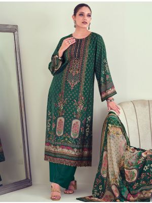 Green Muslin Printed Salwar Kameez With Thread Work small FABSL21644