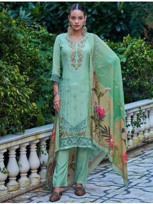 Green Muslin Salwar Kameez With Resham Embroidery And Cut Work small FABSL22021