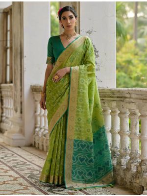 Green Raw Silk Blend Saree With Ikat Weaving