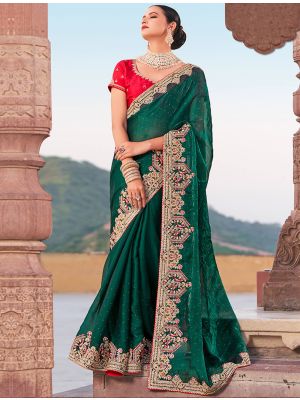 Green Satin Burberry Embroidered Saree With Diamond Work