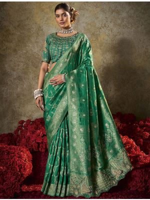 Green Soft Silk Embroidered Saree With Diamond Work