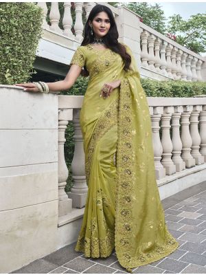 Greenish Yellow Tissue Silk Premium Designer Saree