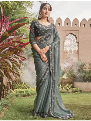 Grey Blooming Shimmer Georgette Embroidered Saree