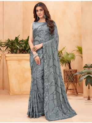 Grey Georgette Blooming Saree With Sequins