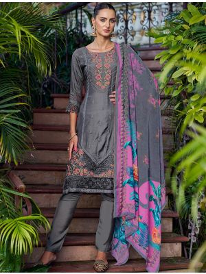 Grey Muslin Salwar Kameez With Resham Embroidery And Cut Work small FABSL22022