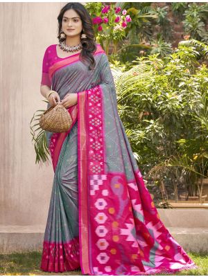 Grey Pochampally Silk Festive Saree