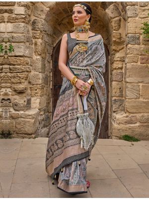 Grey Printed Silk Party Wear Saree With Woven Zari