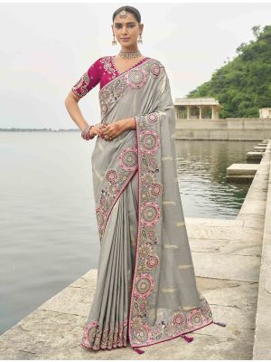 Grey Viscose Tissue Silk Designer Saree