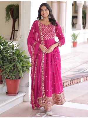 hot pink faux georgette flared gown with dupatta fabgo20411