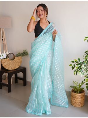 Ice Blue Organza Party Wear Saree With Silver Gota Work