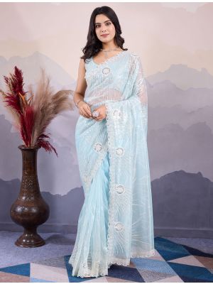 Ice Blue Twill Net Stylish Party Wear Saree