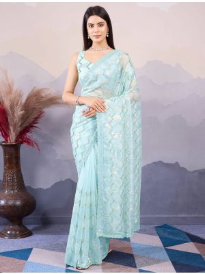 Ice Green Twill Net Stylish Party Wear Saree
