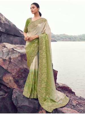 Ivory And Pista Tissue Silk Jacquard Embroidered Designer Saree
