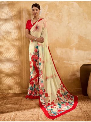 Ivory Cream Floral Print Georgette Saree