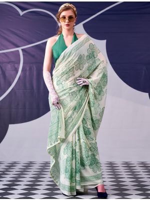 Ivory Satin Silk Party Wear Saree