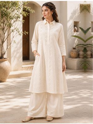 ivory white cotton straight-cut kurta set with schiffli embroidery swatch fabku21331