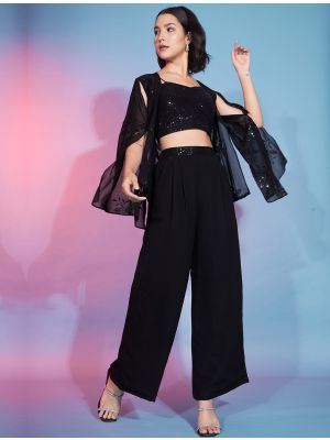 jet black georgette co ord set with thread and sequins fabku20887