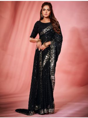 Jet Black Georgette Party Wear Saree With Sequins