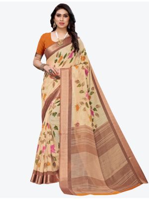 Beige Linen Designer Saree small FABSA20942