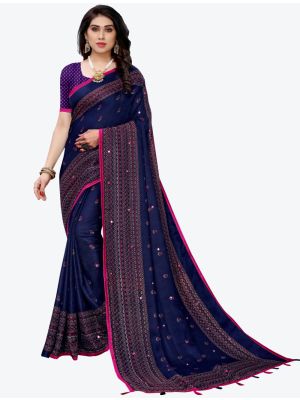 Dark Blue Prism Silk Jute Designer Saree small FABSA20940