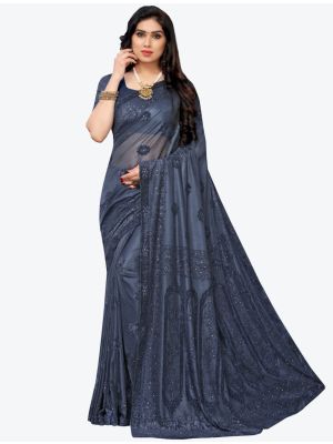 Greyish Blue Lycra Designer Saree small FABSA20946
