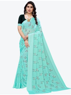 Sky Blue Silk Blend Designer Saree small FABSA20952