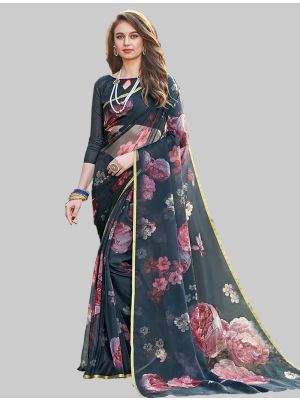 Dark Grey Organza Designer Saree small FABSA20134