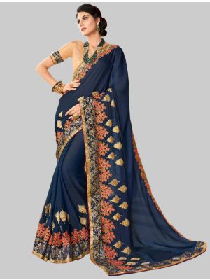 Navy Blue Silk Designer Saree small FABSA20122