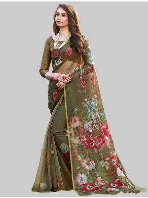 Olive Green Organza Designer Saree small FABSA20138
