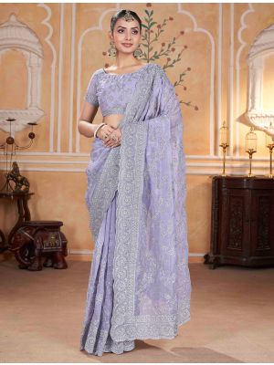 Lavender Crunchy Crepe Embroidered Saree