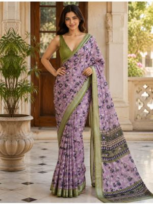 Lavender Linen Silk Floral Print Saree