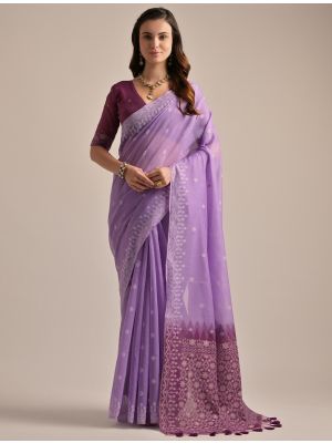Lavender Muga Cotton Saree With Jamdani Weaving