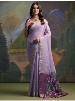 Lavender Muga Cotton Saree With Zari Weaving