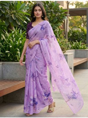 Lavender Organza Digital Print Saree With Embroidered Blouse Piece