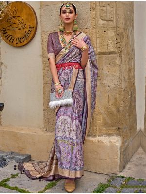 Lavender Printed Silk Party Wear Saree With Woven Zari