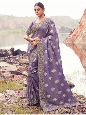 Lavender Tissue Silk Jacquard Embroidered Designer Saree