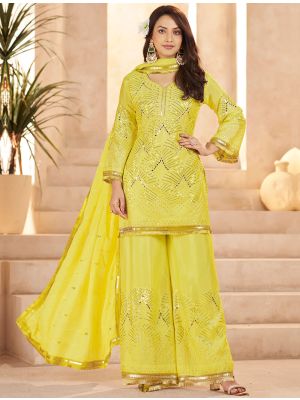 Lemon Yellow Chinon Silk Ready To Wear Pakistani Suit FABSL22435
