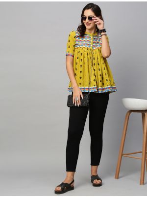 lemon yellow pure cotton trendy short kurti fabku20917